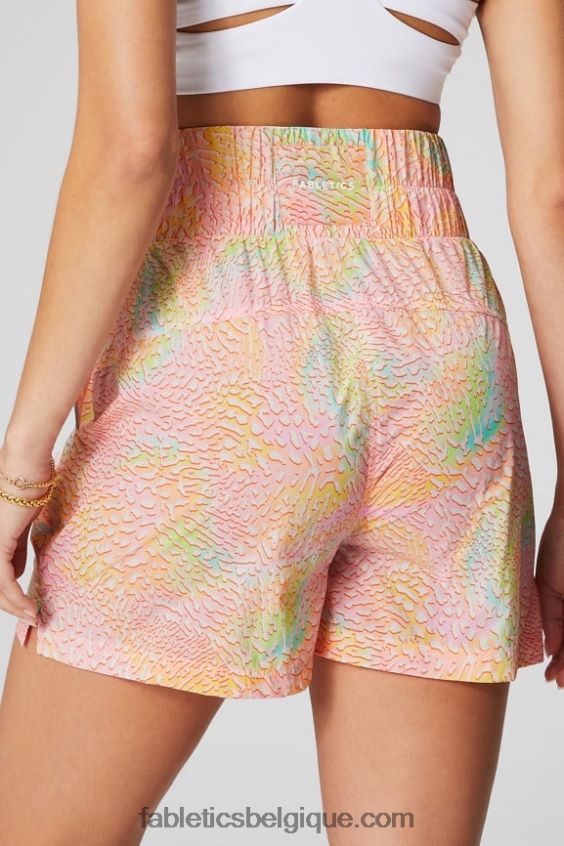 short en nylon passepoilé à taille ultra haute femmes Fabletics 404P0T602 léopard corail/argent réfléchissant