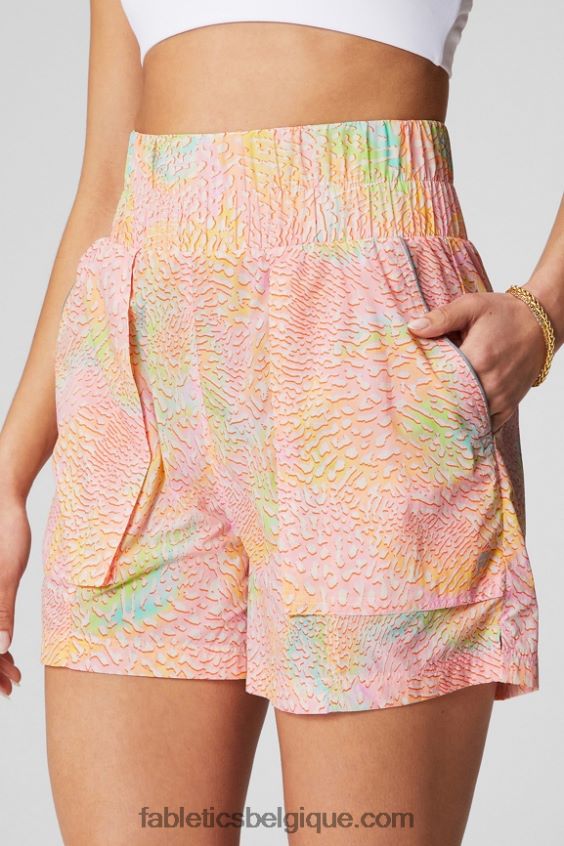 short en nylon passepoilé à taille ultra haute femmes Fabletics 404P0T602 léopard corail/argent réfléchissant
