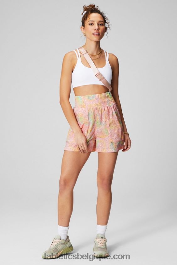 short en nylon passepoilé à taille ultra haute femmes Fabletics 404P0T602 léopard corail/argent réfléchissant