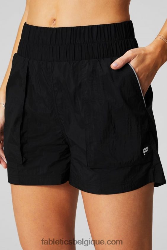 short en nylon passepoilé à taille ultra haute femmes Fabletics 404P0T604 noir/argent réfléchissant