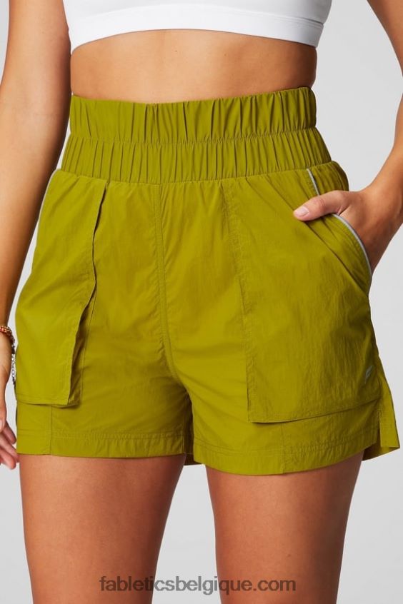 short en nylon passepoilé à taille ultra haute femmes Fabletics 404P0T606 oliveraie/argent réfléchissant