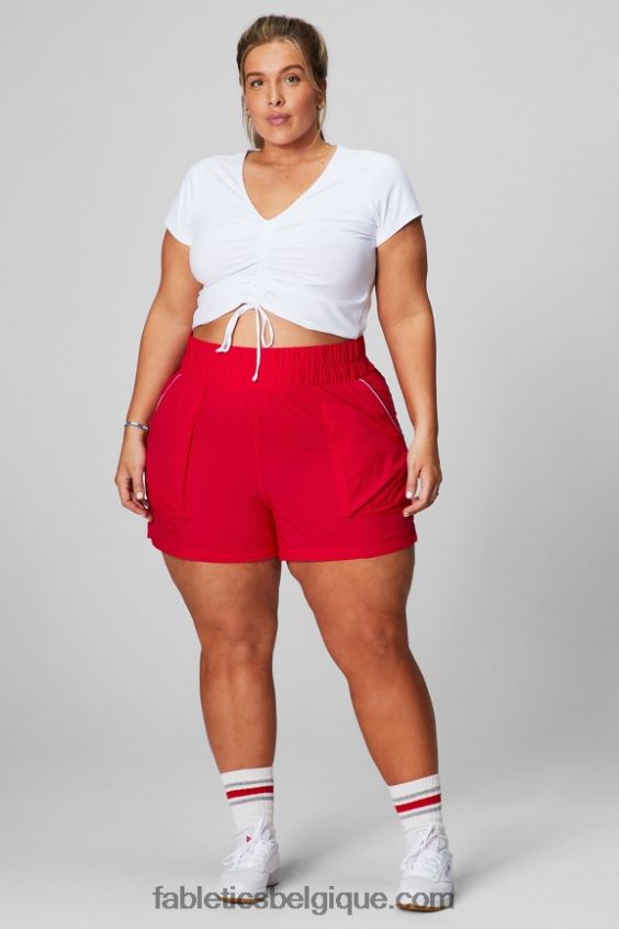 short en nylon passepoilé à taille ultra haute femmes Fabletics 404P0T608 cerise classique/argent réfléchissant