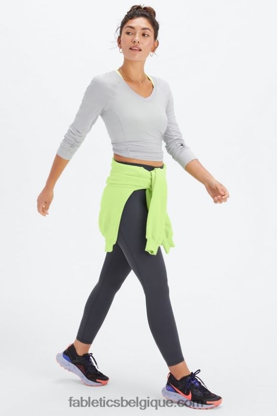 haut à manches longues et col v phoenix lite femmes Fabletics 404P0T2591 débouchure gris minéral/noir