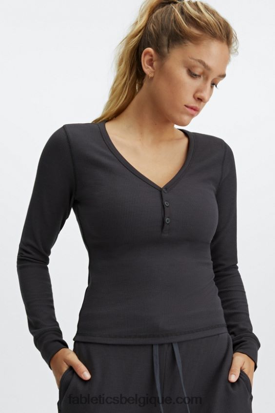 henley gaufré à manches longues femmes Fabletics 404P0T2649 étain