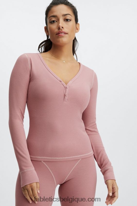 henley gaufré à manches longues femmes Fabletics 404P0T2650 rose terre