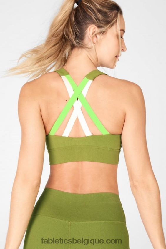 brassière de sport freya en maille sculpturale femmes Fabletics 404P0T1898 basilic/agrumes verts/nuage rose