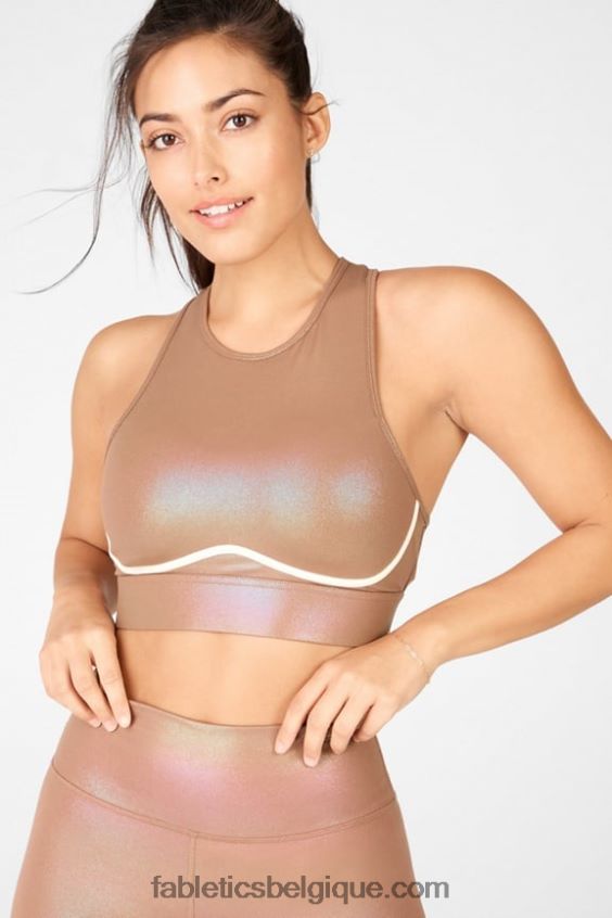 soutien-gorge de sport brillant à impact moyen à dos croisé blare femmes Fabletics 404P0T1920 moka irisé/dune de sable