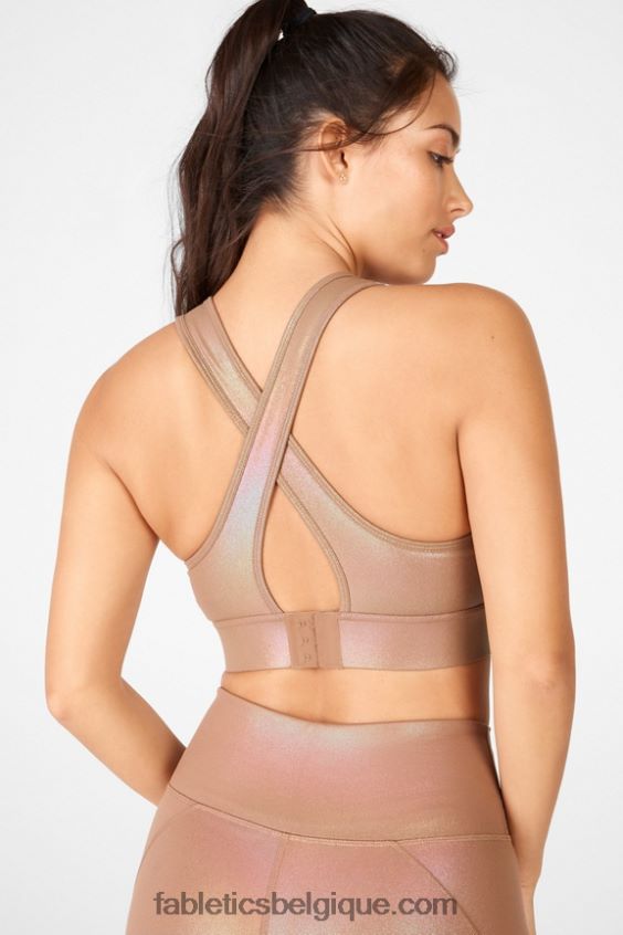 soutien-gorge de sport brillant à impact moyen à dos croisé blare femmes Fabletics 404P0T1920 moka irisé/dune de sable