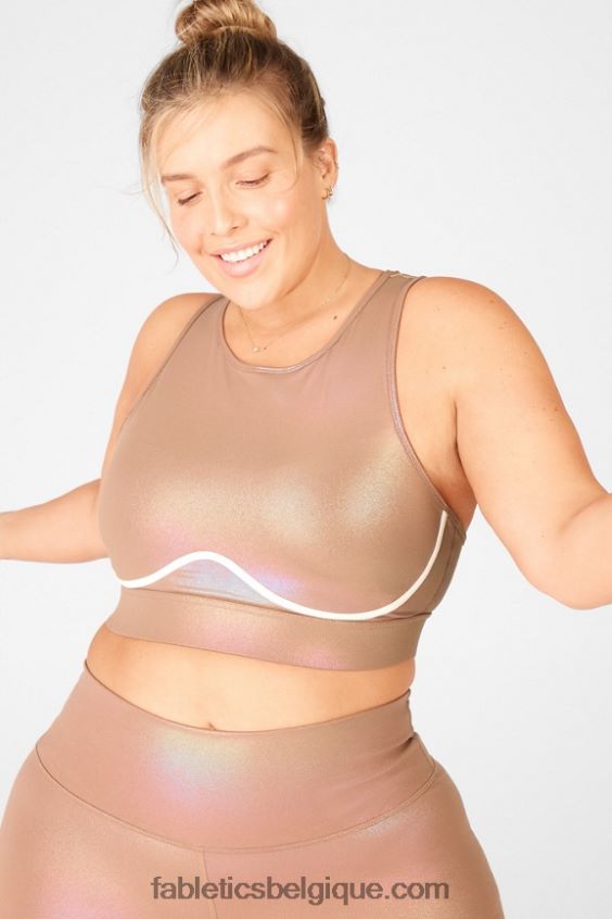 soutien-gorge de sport brillant à impact moyen à dos croisé blare femmes Fabletics 404P0T1921 moka irisé/dune de sable