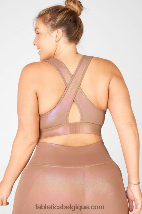 soutien-gorge de sport brillant à impact moyen à dos croisé blare femmes Fabletics 404P0T1921 moka irisé/dune de sable