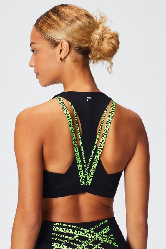 soutien-gorge de sport à impact moyen boost 119 femmes Fabletics 404P0T1780 guépard ondulé noir/surligneur