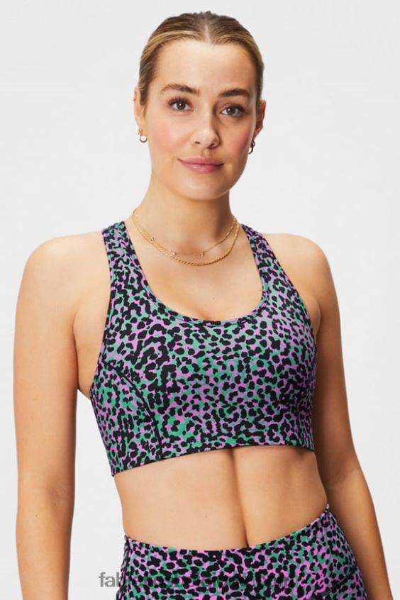 soutien-gorge de sport à impact moyen en déplacement 112 femmes Fabletics 404P0T1740 taches de safari vert herbe/noir