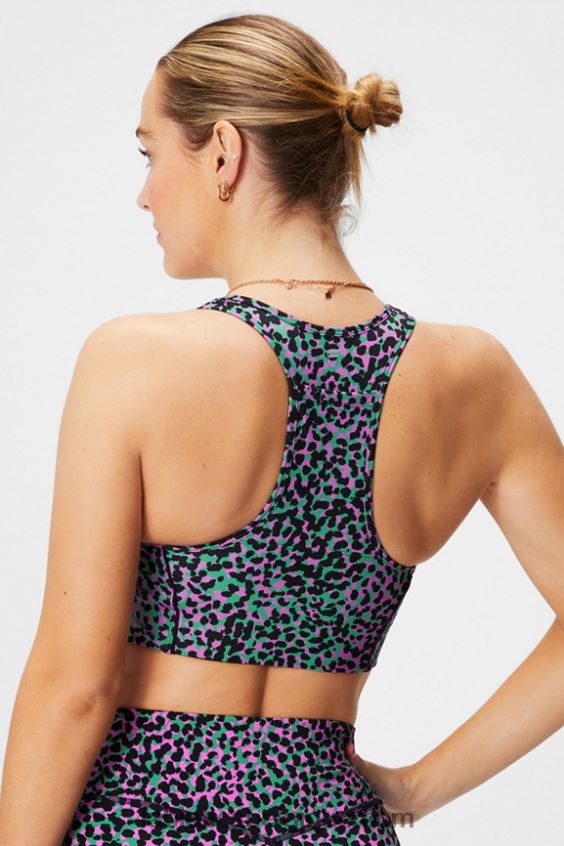 soutien-gorge de sport à impact moyen en déplacement 112 femmes Fabletics 404P0T1740 taches de safari vert herbe/noir