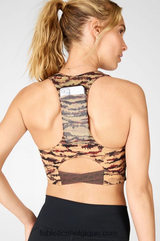 soutien-gorge de sport à impact moyen midi on-the-go 131 femmes Fabletics 404P0T1842 logo tigresse de cacao/cacao